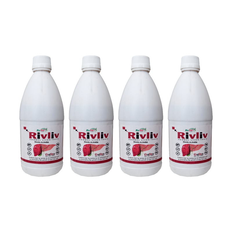 Herbal Liver Tonic for Cow, Cattle, Buffalo, Goat, Poultry, Livestock and Other Farms Animal, 500 ml, Pack of 4, Rivliv