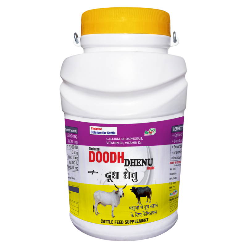 Chelated Liquid Calcium for Cattle, Cow, Buffalo, Goat and Dairy Farm Animals, Doodh-Dhenu Liquid, 5 Liter
